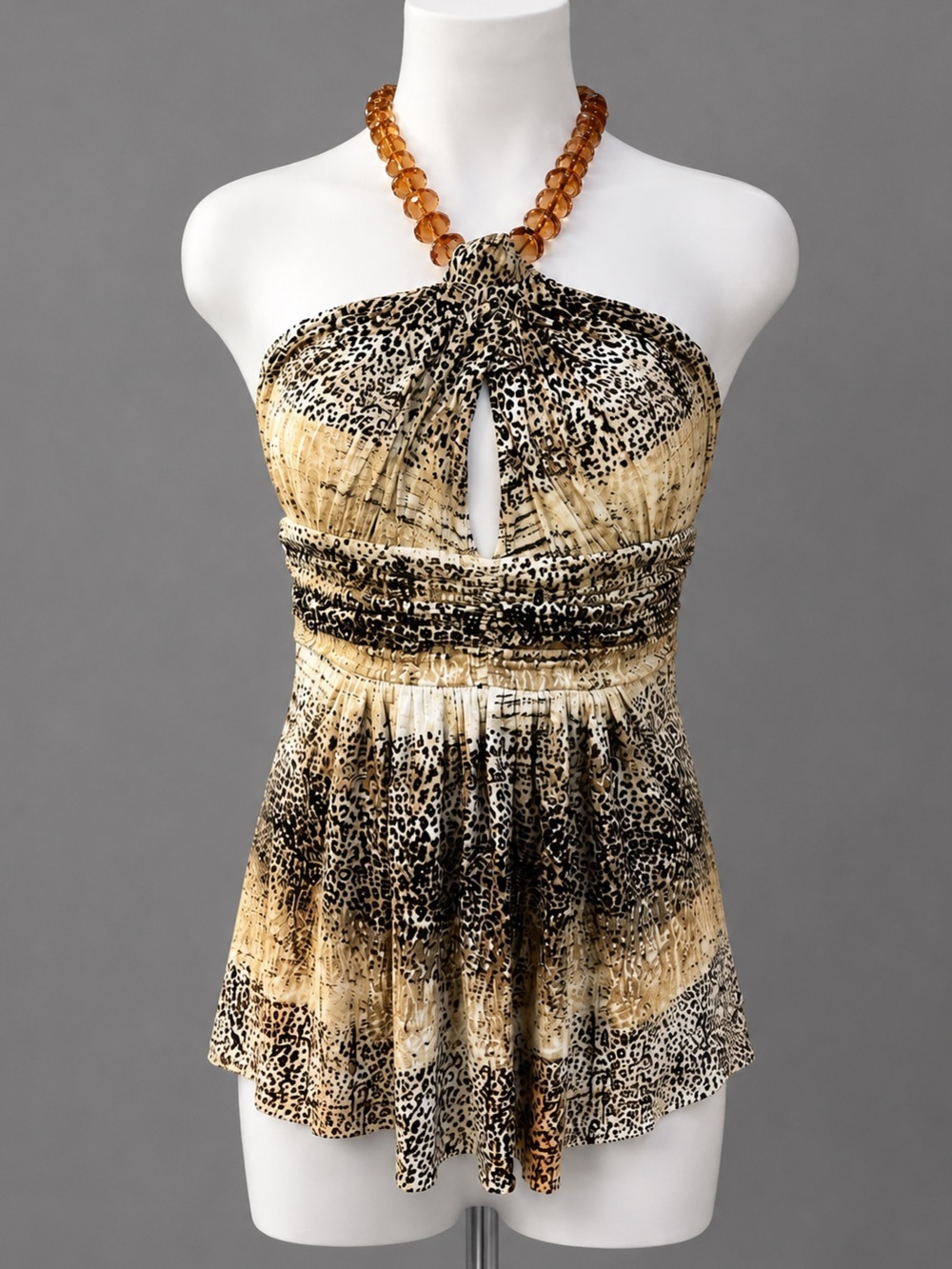 BoHo CHIC Leopard Print Beaded Cut Out Halter Top